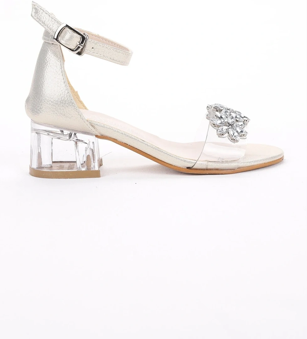 Yangu Vakko Taşlı Kız Çocuk 3 Cm Şeffaf Topuklu Sandalet Abiye Ayakkabı Altın