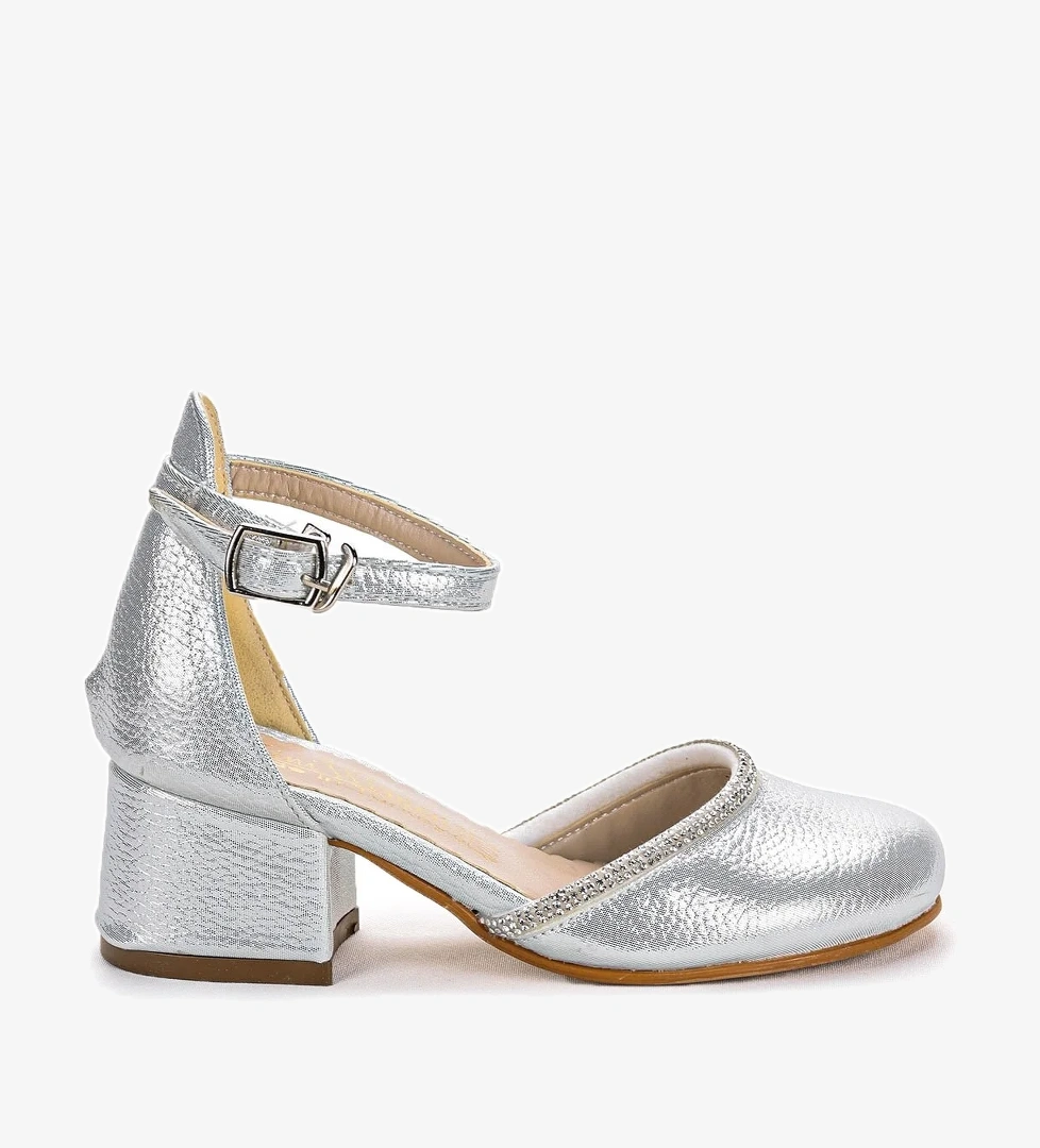 Ressa Vakko Taşlı Kız Çocuk 5 Cm Topuklu Sandalet Abiye Ayakkabı Gümüş - Görsel 1