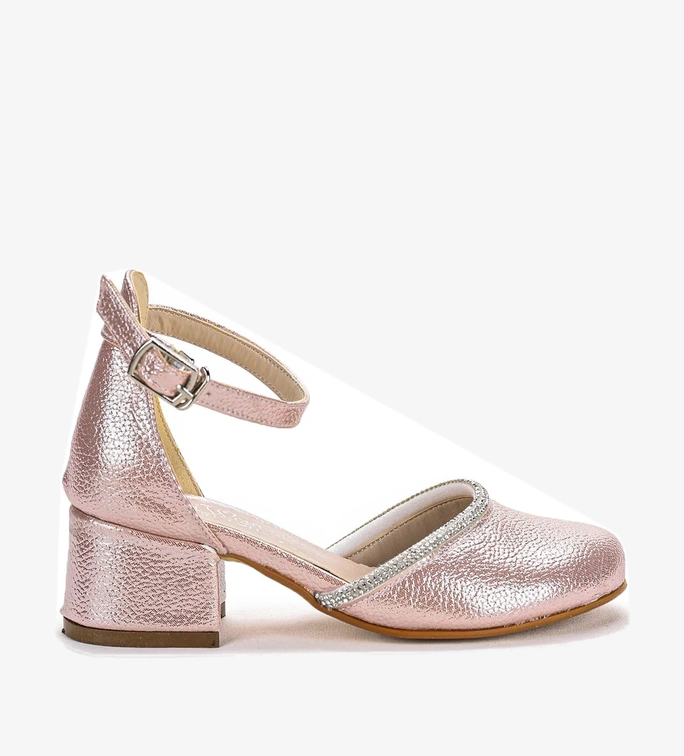 Ressa Vakko Taşlı Kız Çocuk 5 Cm Topuklu Sandalet Abiye Ayakkabı Pudra