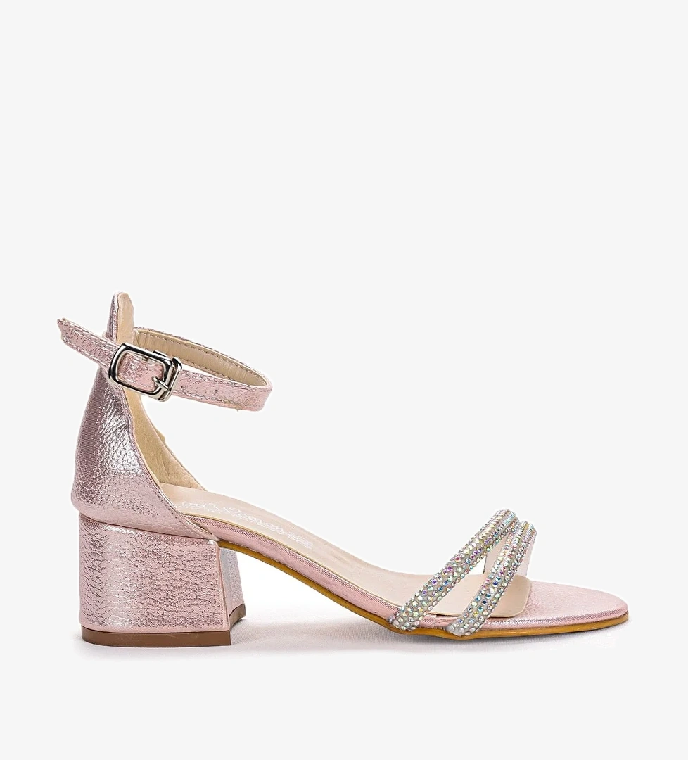 Sarer Taşlı Kız Çocuk 3 Cm Topuklu Sandalet Abiye Ayakkabı Pudra