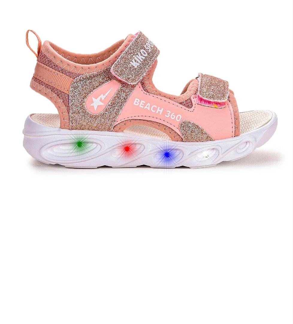 102 Simli Işıklı Kız Çocuk Cırtlı Sandalet Ayakkabı Pudra - Görsel 1