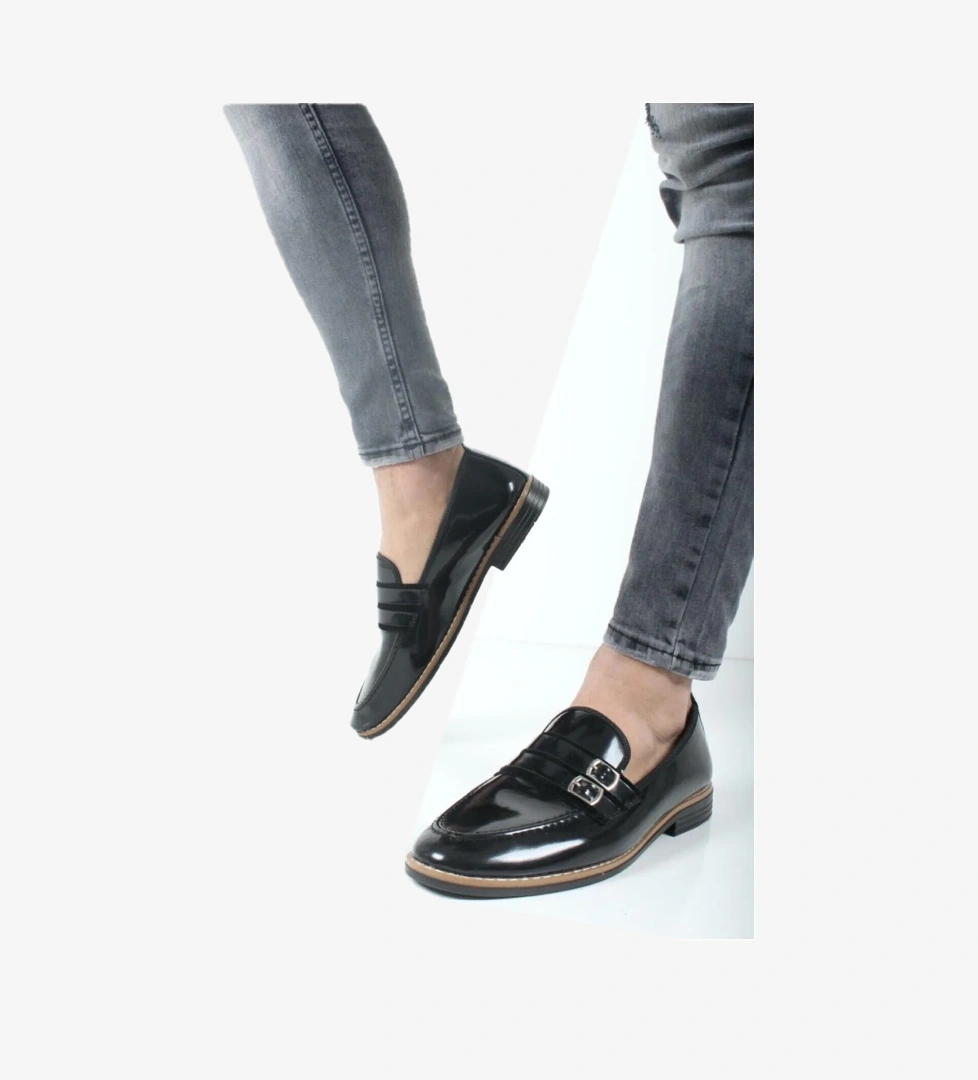 Tomiross Tomıross Erkek Siyah Rugan Loafer Çift Tokalı Ayakkabı Bonarelli-010 model görseli