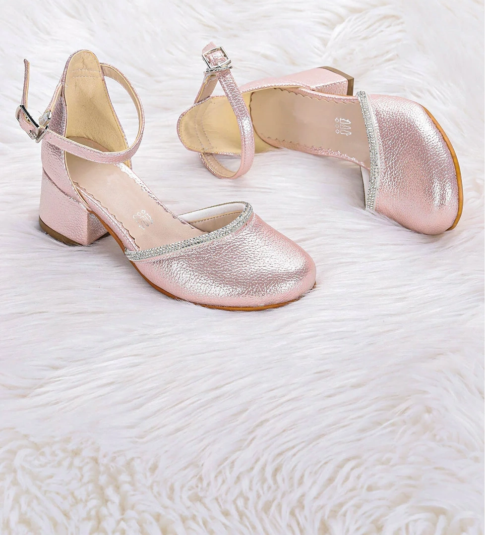 Ressa Taşlı Kız Çocuk 5 Cm Topuklu Sandalet Abiye Ayakkabı Pudra
