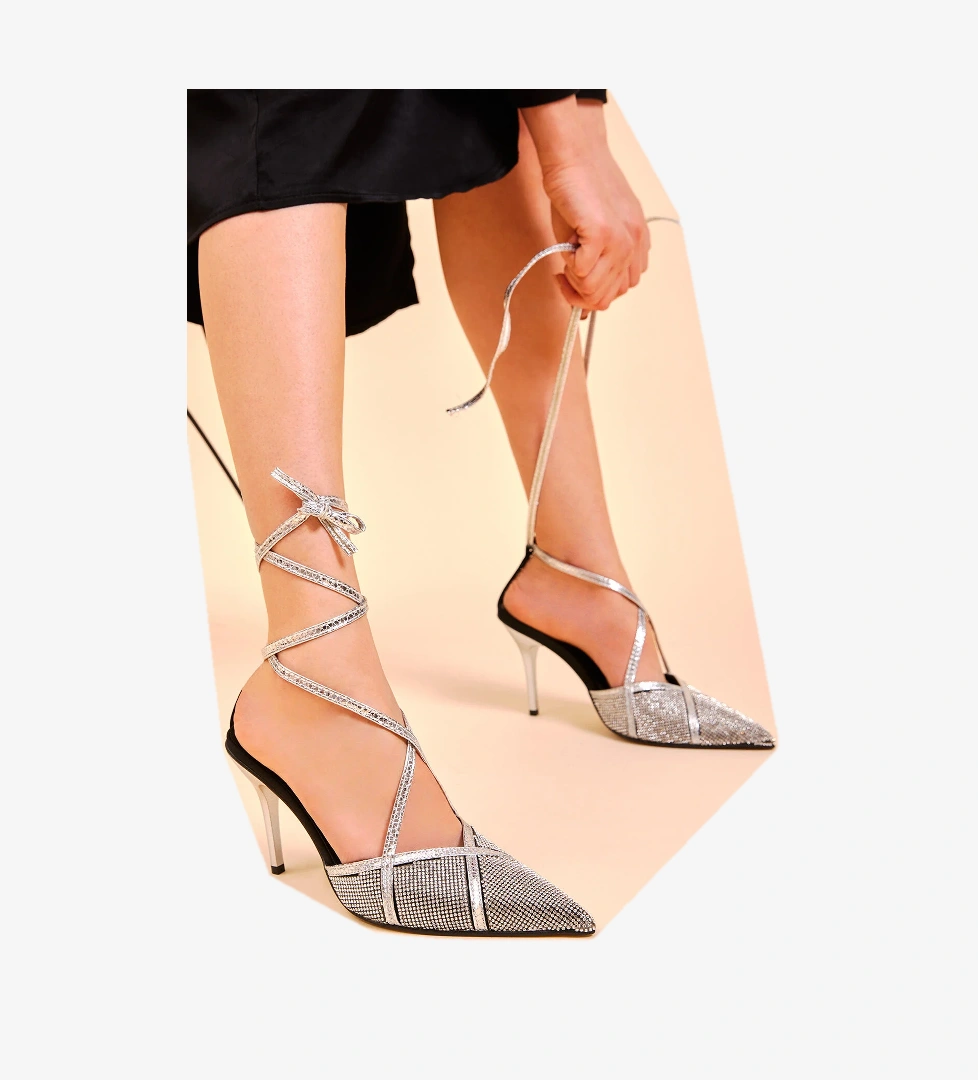 Tonny Black Kadın Gümüş Gecce Serisi Taşlı Sivri Burunlu Topuklu Ayakkabı model görseli