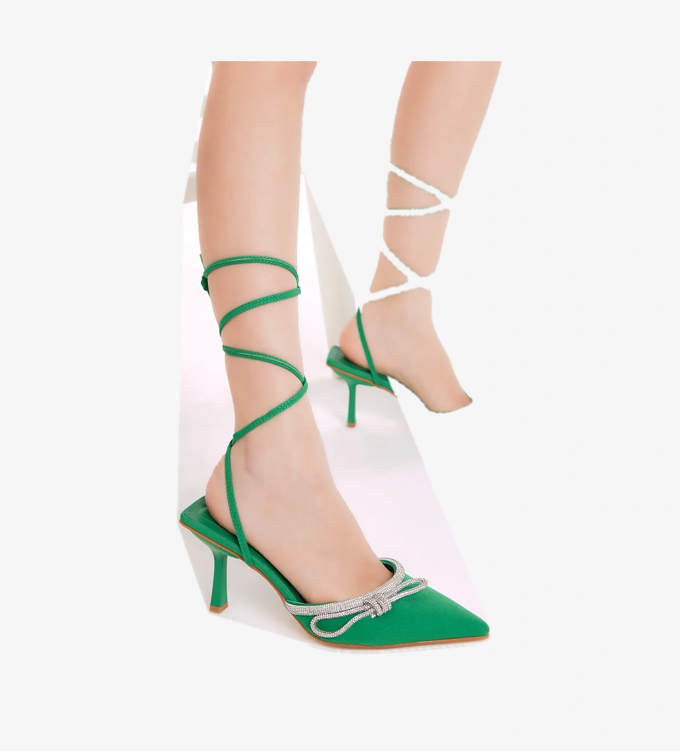 Kadın Yeşil Gecce Serisi Taş İşlemeli Fiyonklu Sivri Burunlu Topuklu Ayakkabı
