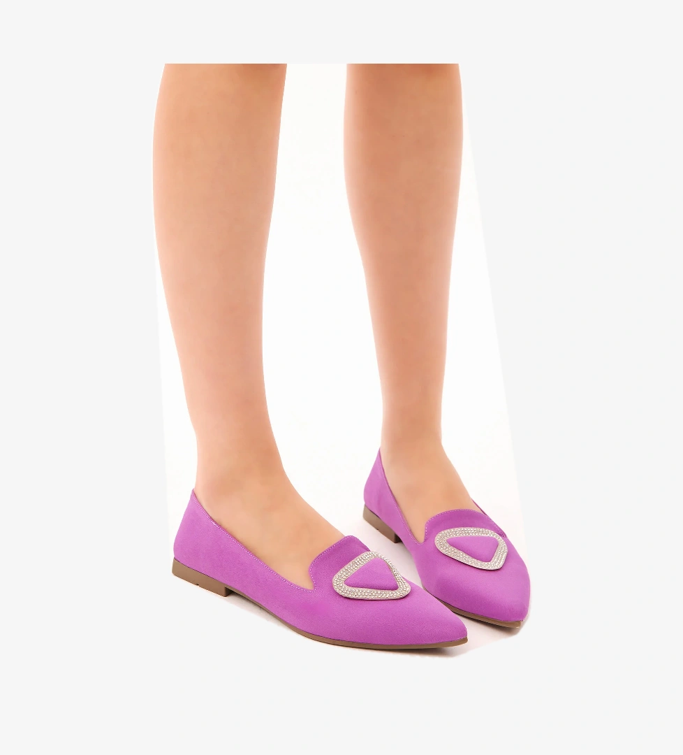 Kadın Lila Taş İşlemeli Üçgen Tokalı Sivri Burunlu Babet