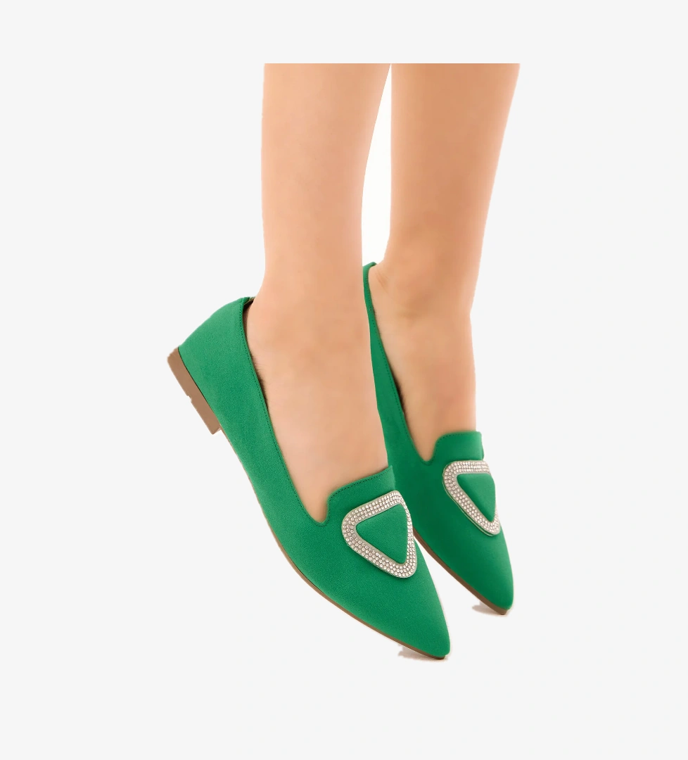 Kadın Yeşil Taş İşlemeli Üçgen Tokalı Sivri Burunlu Babet