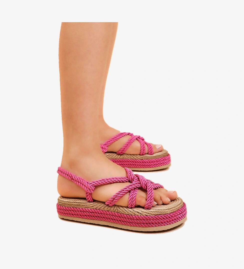 Kadın Fuşya Rahat Kalıp Çapraz Bantlı Yüksek Taban Halat Terlik