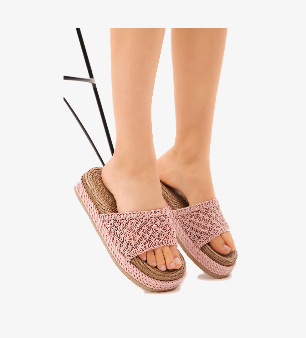 Kadın Pudra Rahat Kalıp Dantelli Yüksek Taban Halat Terlik - Görsel 1