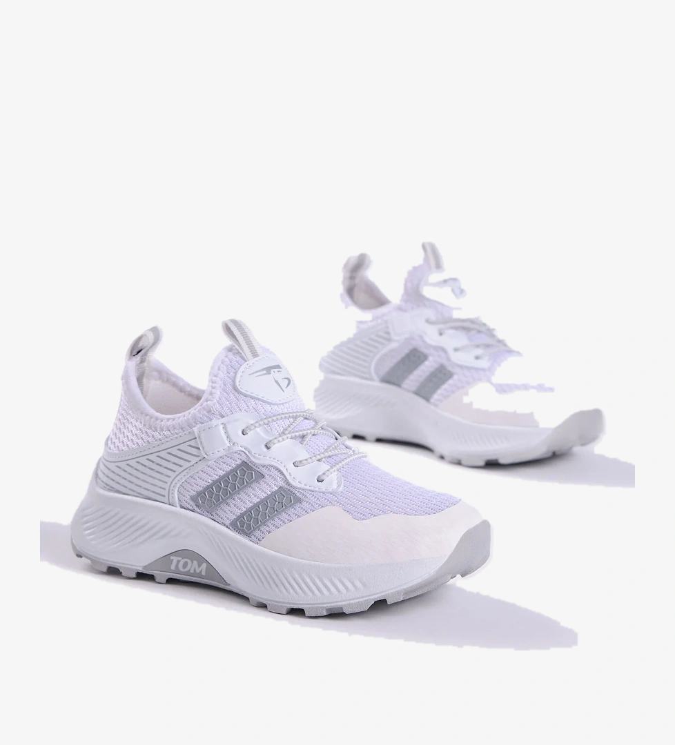 Çocuk Unisex Beyaz Gümüş Rahat Kalıp Nefes Alabilen Kumaş Bağcıklı Sneaker