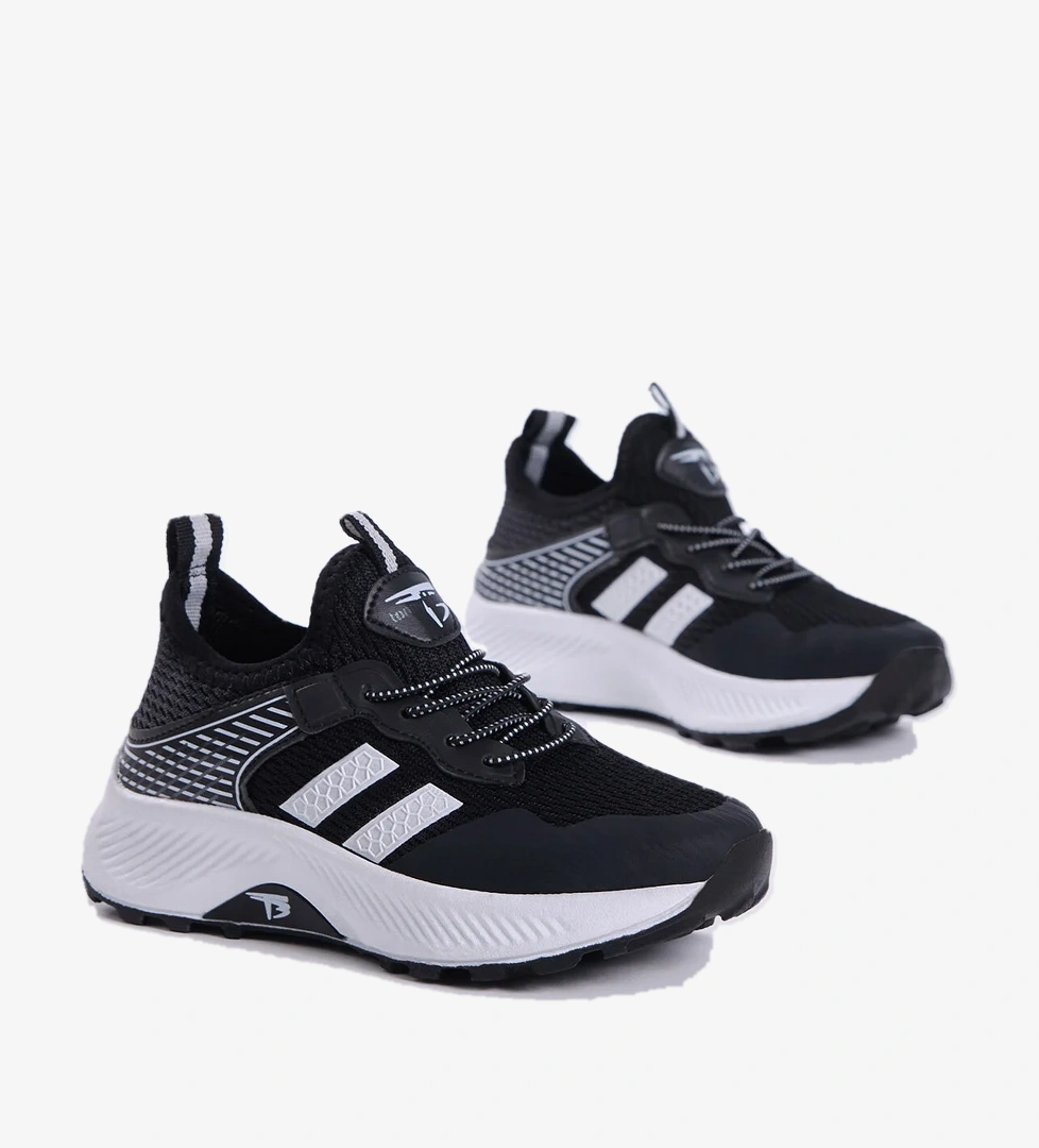 Çocuk Unisex Siyah Beyaz Rahat Kalıp Nefes Alabilen Kumaş Bağcıklı Sneaker