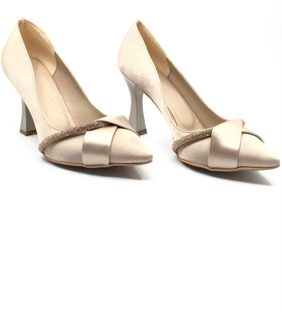 Kadeh Topuk Saten Şerit Taşlı Stiletto Kadın Topuklu Ayakkabı