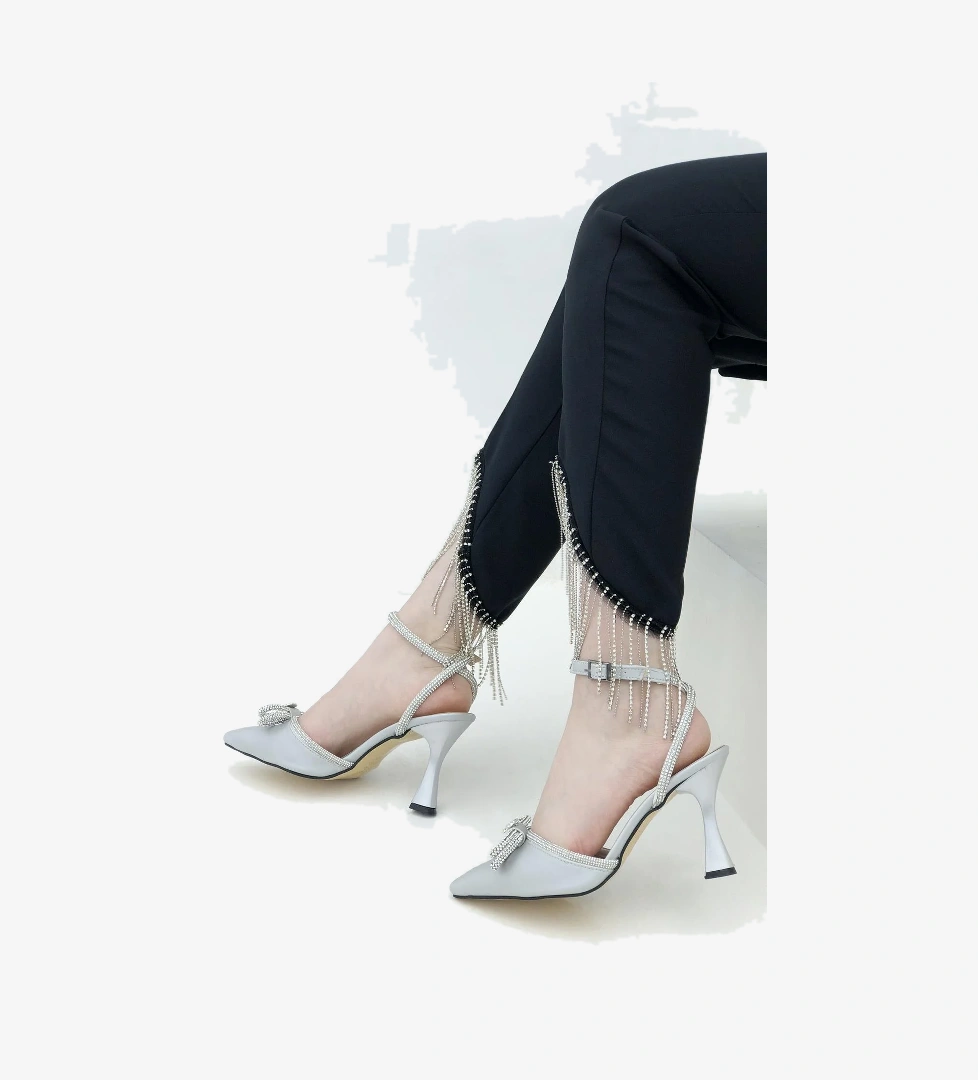 Arkası Açık Bilekten Bağlamalı Saten Taşlı Stiletto