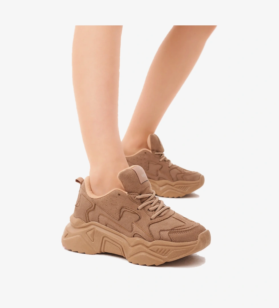 Kadın Bej Süet Rahat Kalıp Yüksek Taban Bağcıklı Spor Ayakkabı