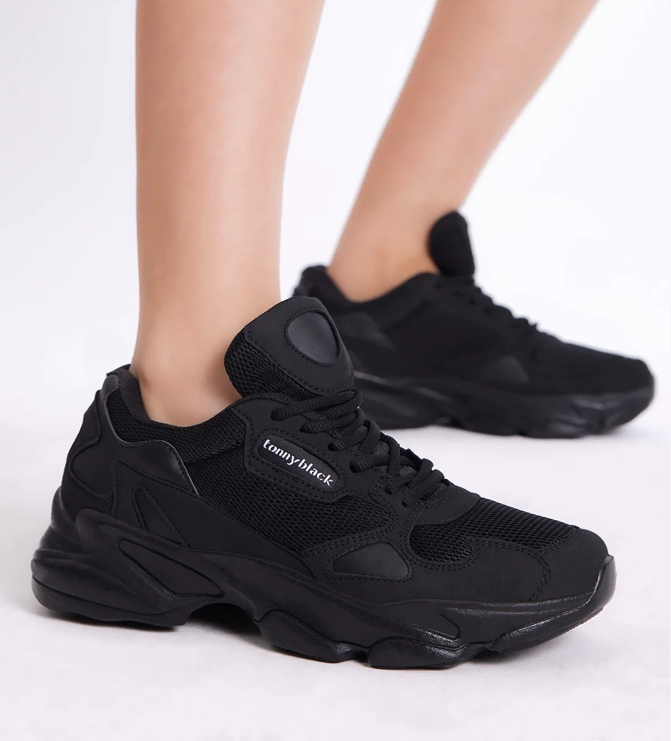 Tonny Black Unisex Siyah Siyah Rahat Kalıp Yüksek Taban Bağcıklı Spor Ayakkabı