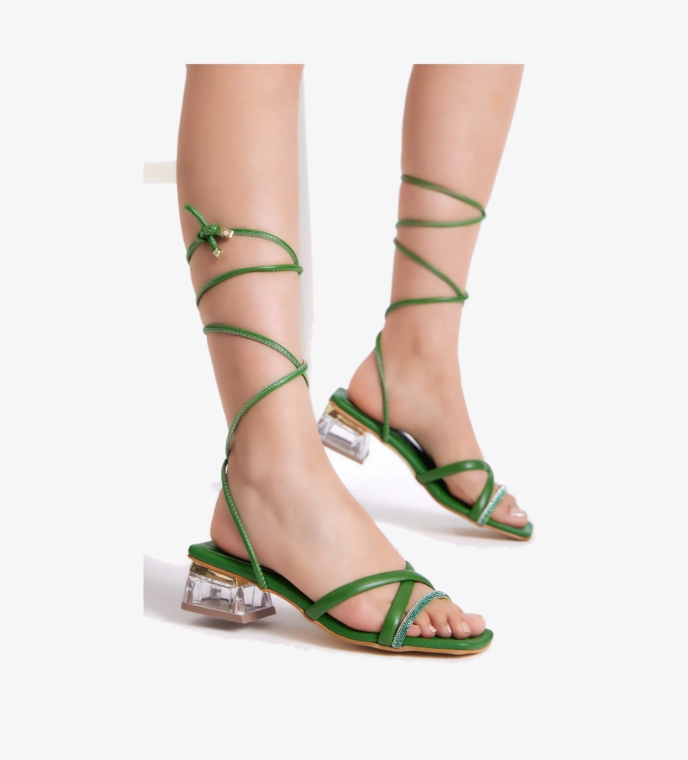 Kadın Yeşil Gecce Serisi Önü Taşlı Bilekten Bağlamalı Hafif Topuklu Ayakkabı - Görsel 1