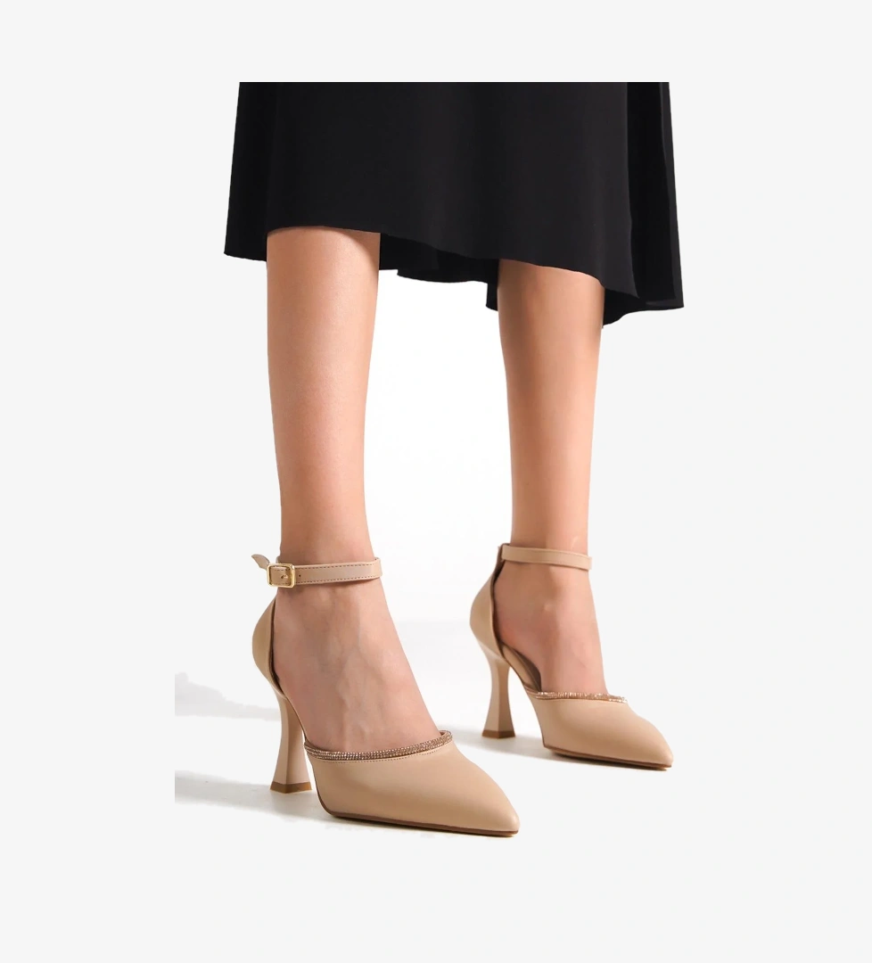 Topez Ten Rengi Stiletto Abiye Taşlı Topuklu Ayakkabı