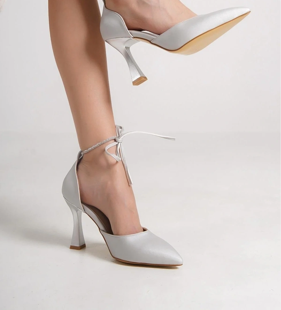Glossy Gümüş Taşlı Stiletto Abiye Topuklu Ayakkabı
