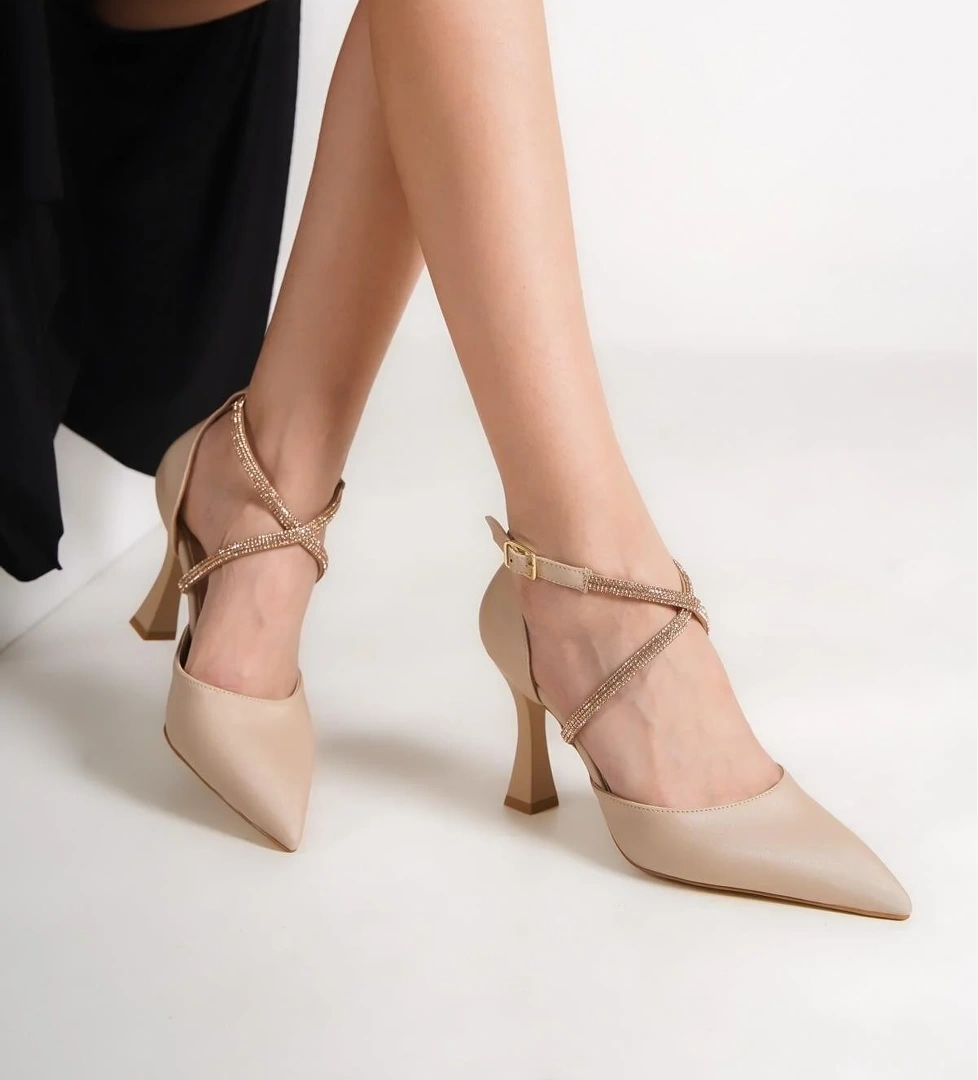 Kalice Ten Rengi Taşlı Stiletto Topuklu Abiye Ayakkabı