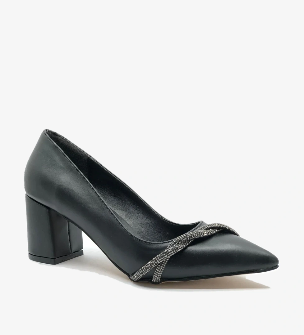 Burgu Taş Dekolteli Kalın Topuk Kadın Topuklu Ayakkabı Sitiletto