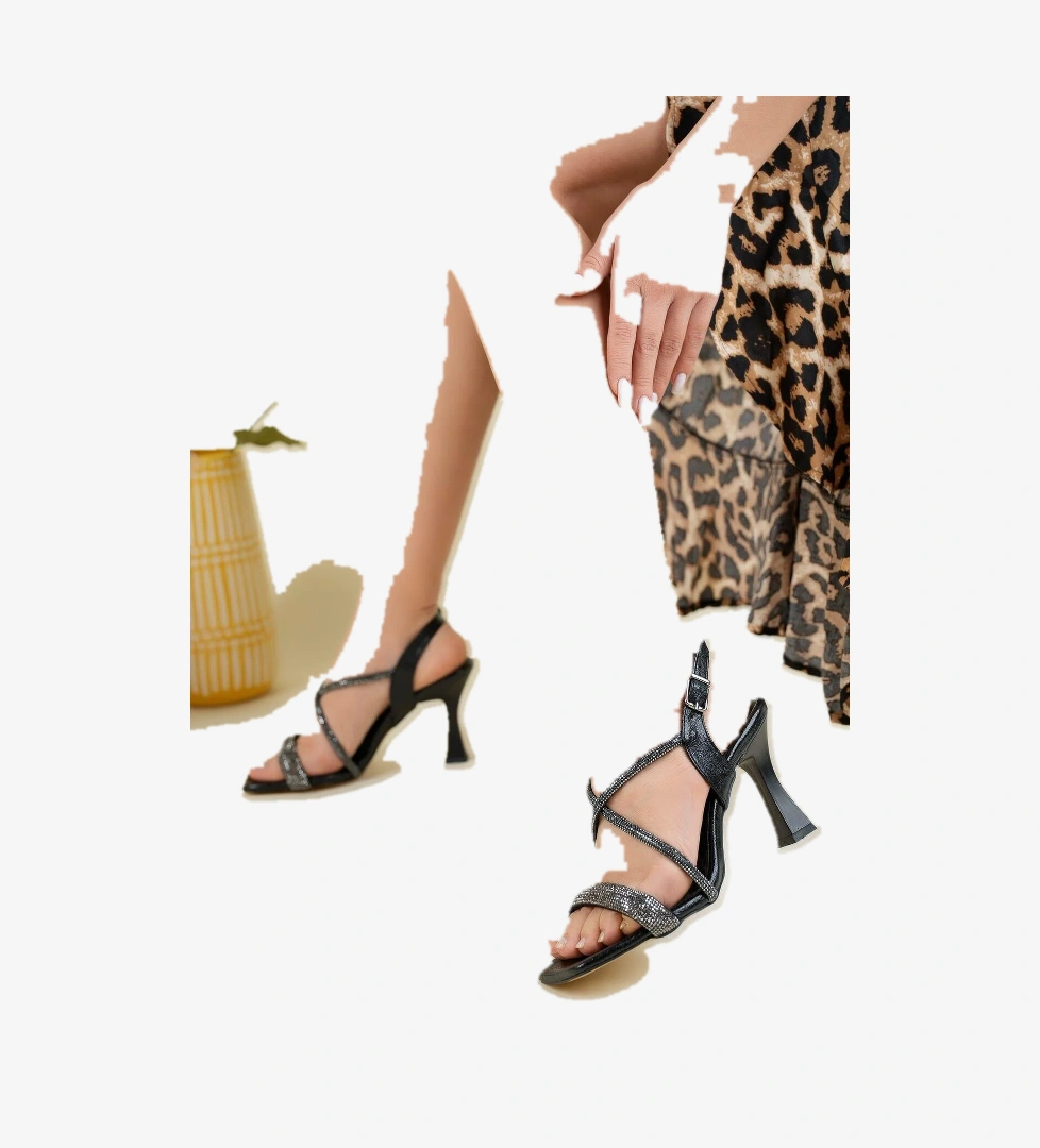 Feles Kadeh Topuk Ortapedik Kalın Bant Taşlı Abiye Kadın Topuklu Ayakkabı model görseli