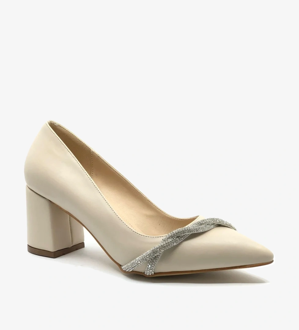 Burgu Taş Dekolteli Kalın Topuk Kadın Topuklu Ayakkabı Sitiletto - Görsel 1