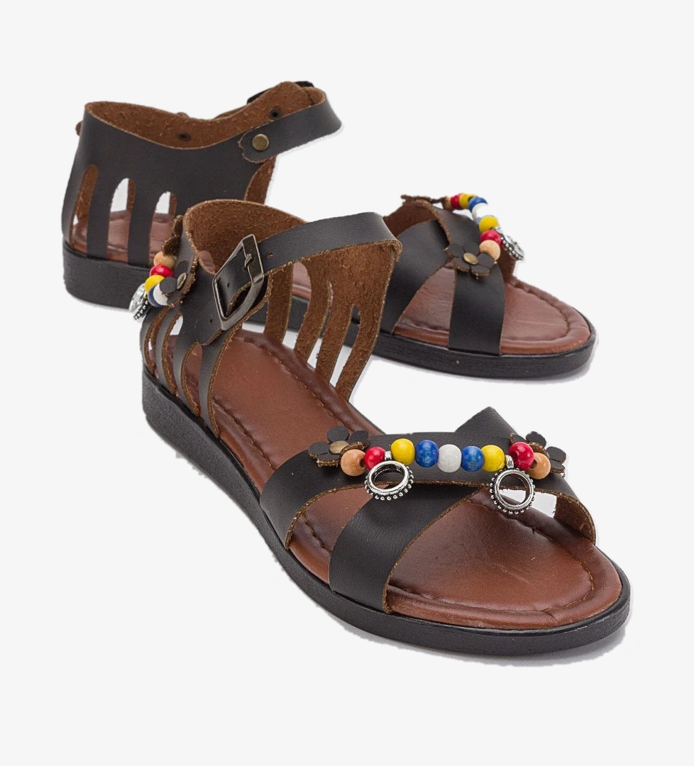 Boncuklu Kadın Sandalet SİYAH CİLT