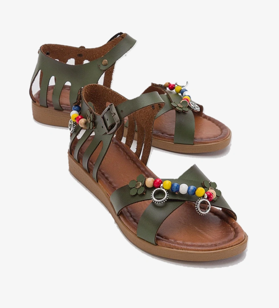 Boncuklu Kadın Sandalet HAKİ YEŞİL CİLT