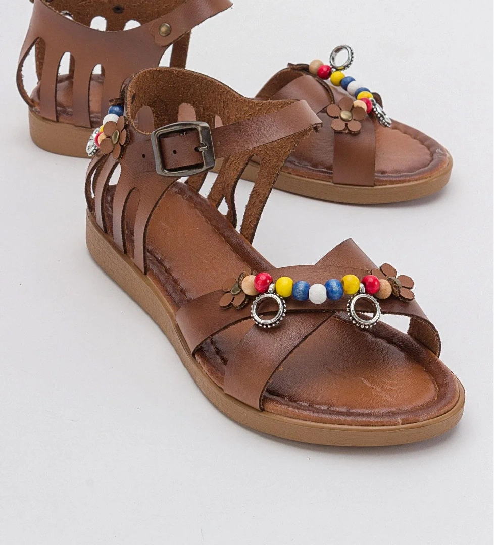 Boncuklu Kadın Sandalet TABA CİLT