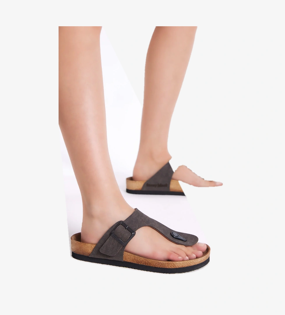 Unisex Kahve Rahat Kalıp Poli Taban Tokalı Nubuk Parmak Arası Terlik