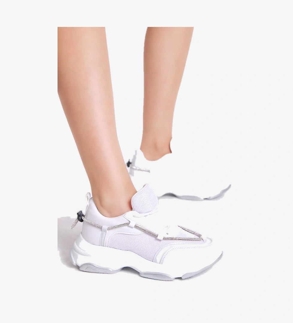Kadın Beyaz Taş Şeritl Bağcıklı Sneaker