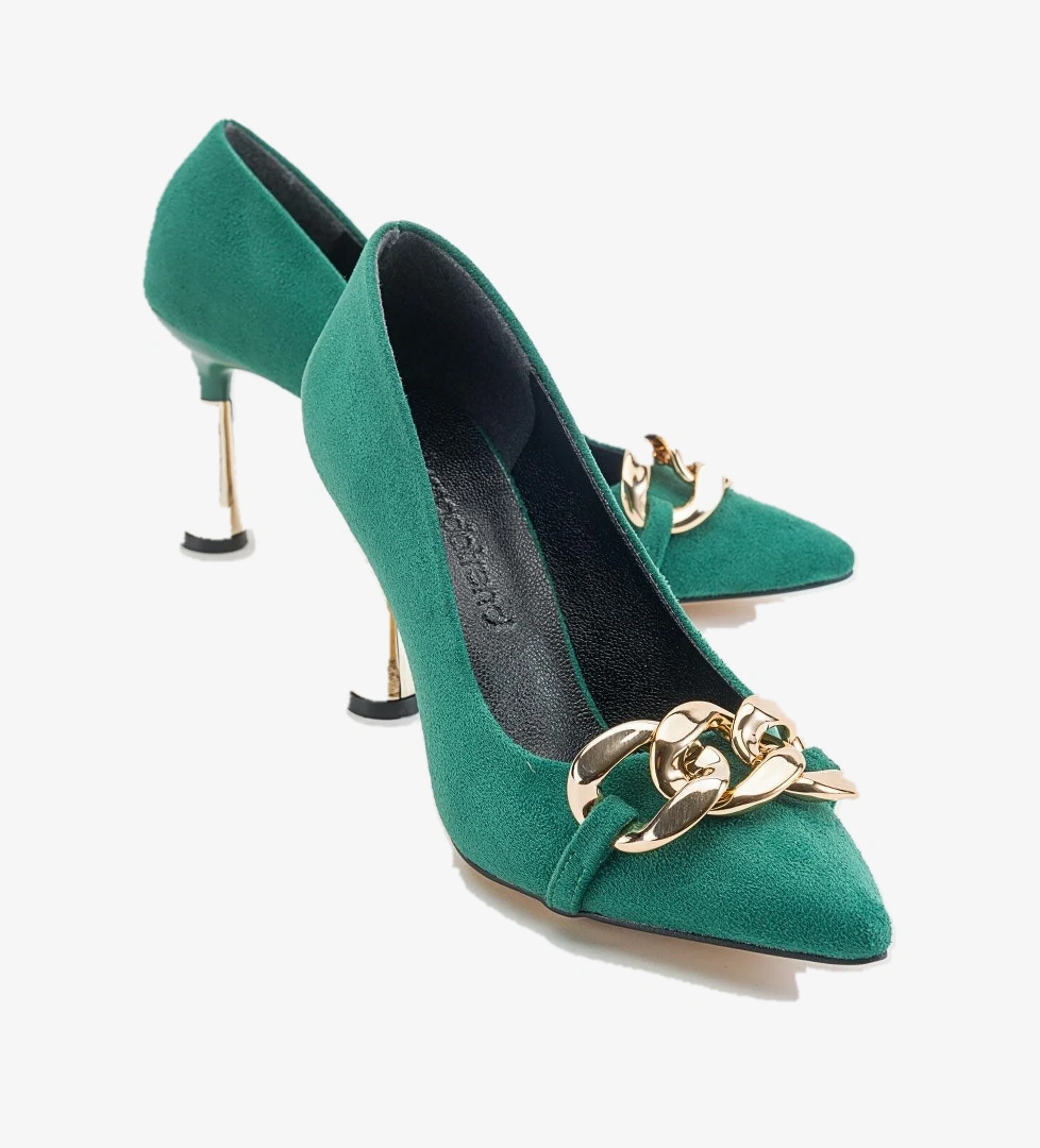 Kadın Zincirli Topuklu Ayakkabı ÇİMEN YEŞİLİ SÜET