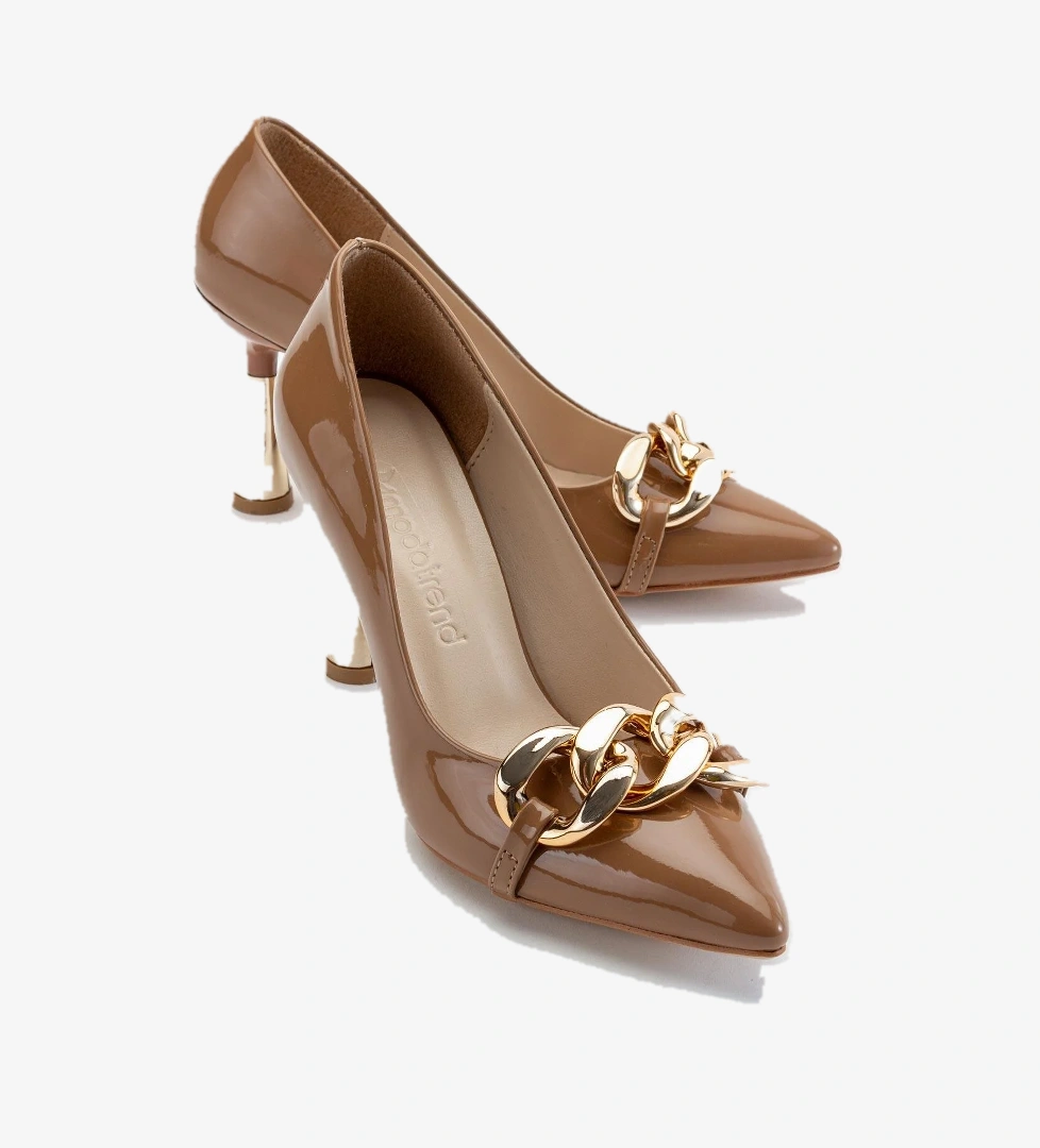 Kadın Zincirli Topuklu Ayakkabı VİZON RUGAN