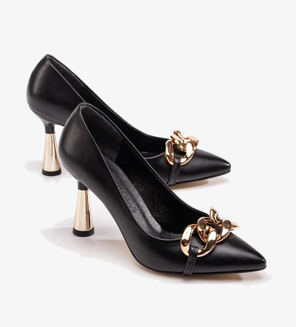 Kadın Zincirli Topuklu Ayakkabı SİYAH CİLT