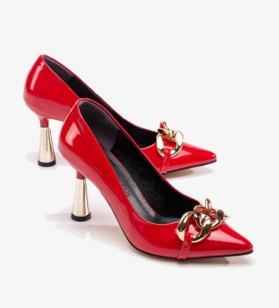 Kadın Zincirli Topuklu Ayakkabı KIRMIZI RUGAN