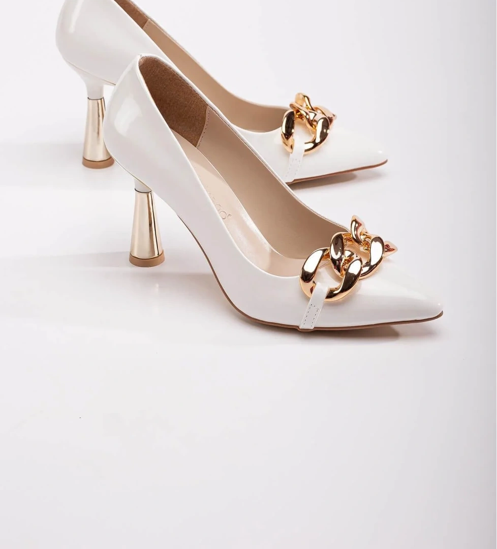 Kadın Zincirli Topuklu Ayakkabı BEYAZ RUGAN