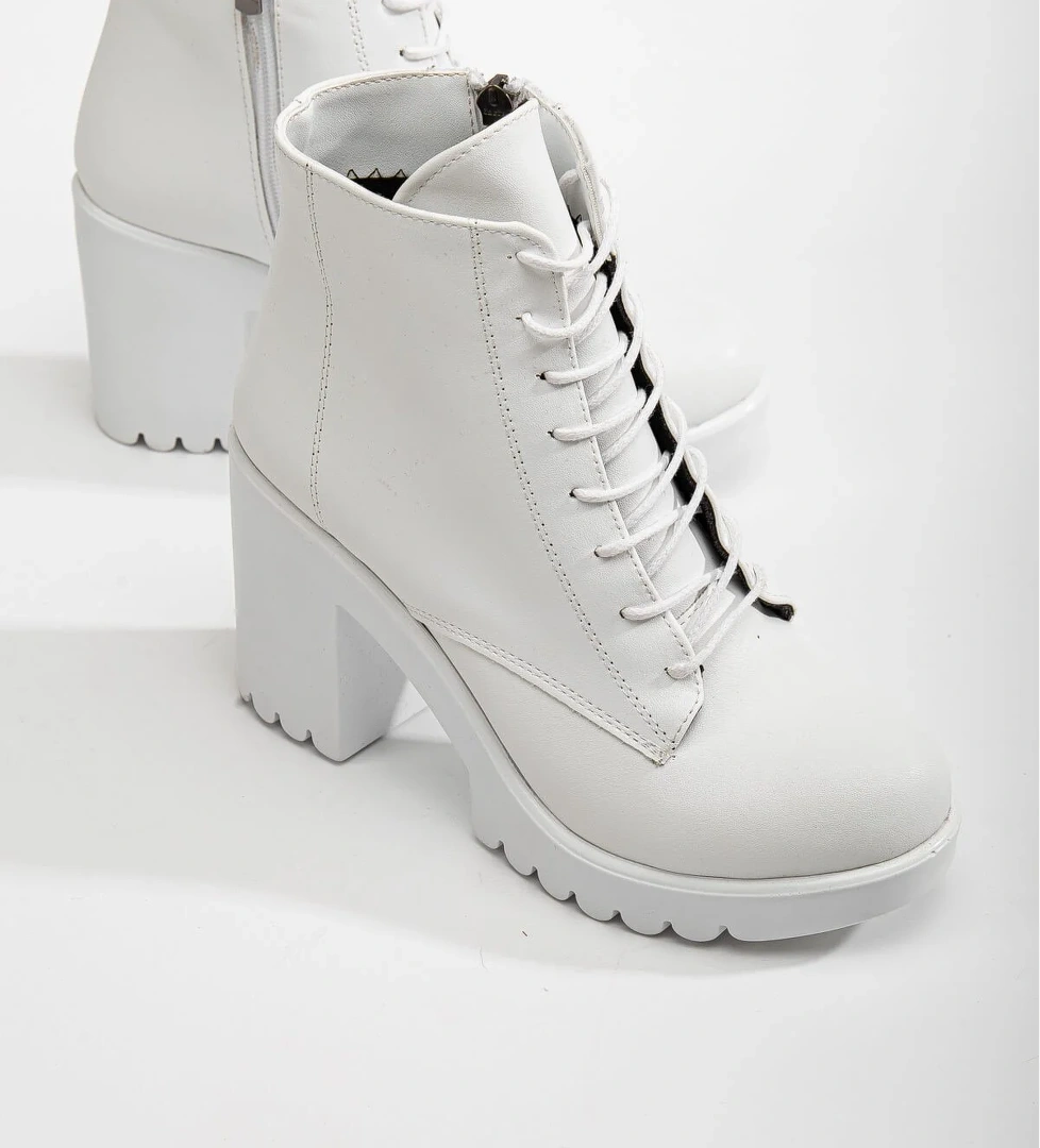 Bağcıklı Kadın Topuklu Bot BEYAZ CİLT BEYAZ