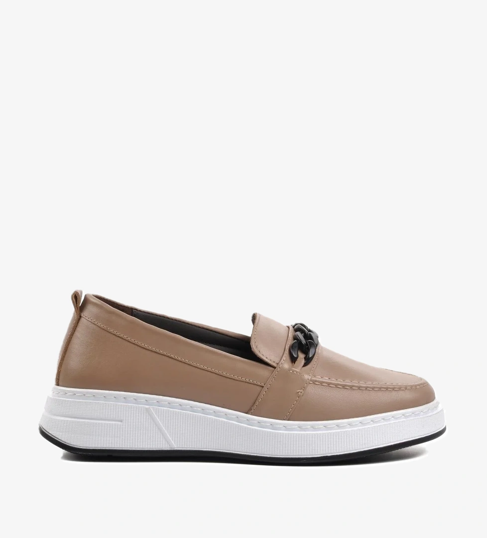 1076 Bej Hakiki Deri Kadın Loafer Ayakkabı - Görsel 1