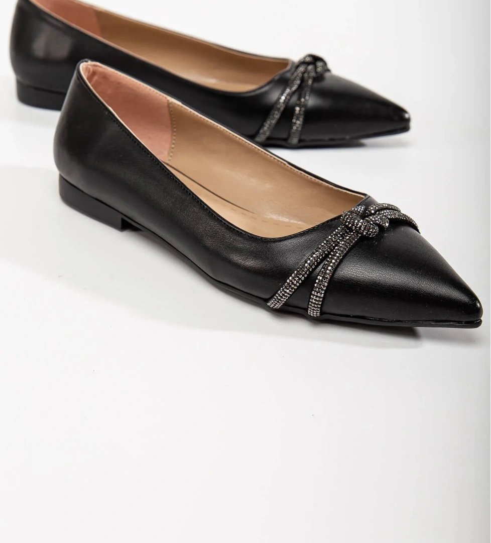 Önden Düğüm Taşlı Kadın Babet SİYAH CİLT