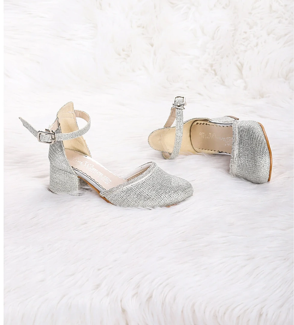 Ressa Taşlı Kız Çocuk 5 Cm Topuklu Sandalet Abiye Ayakkabı Gümüş - Görsel 1