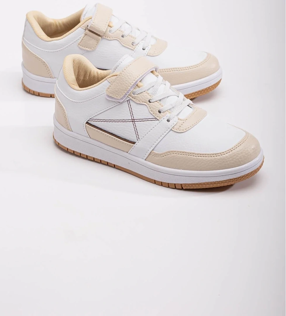 Cırtlı Bağcıklı Kadın Spor Ayakkabı EKRU BEYAZ