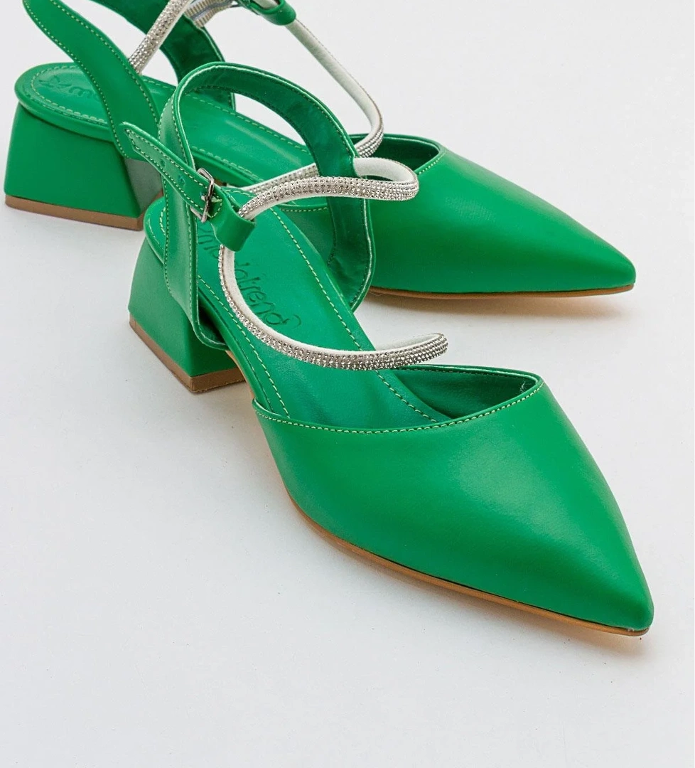 Taşlı Kadın Topuklu Sandalet ÇİMEN YEŞİLİ CİLT