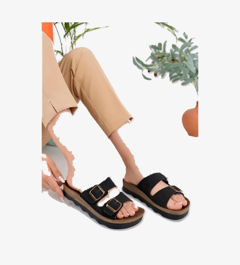 Lena Kadın Garantili Günlük Ortopedik Çift Bantlı Tokalı Kaymaz Taban Rahat Terlik