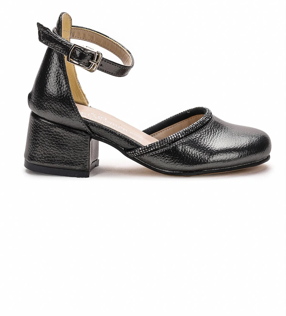 Ressa Vakko Taşlı Kız Çocuk 5 Cm Topuklu Sandalet Abiye Ayakkabı Platin