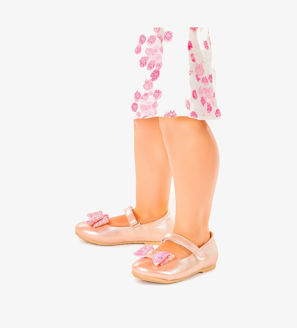 Babe Vakko Cırtlı Fiyonklu Kız Çocuk Babet Ayakkabı Pudra