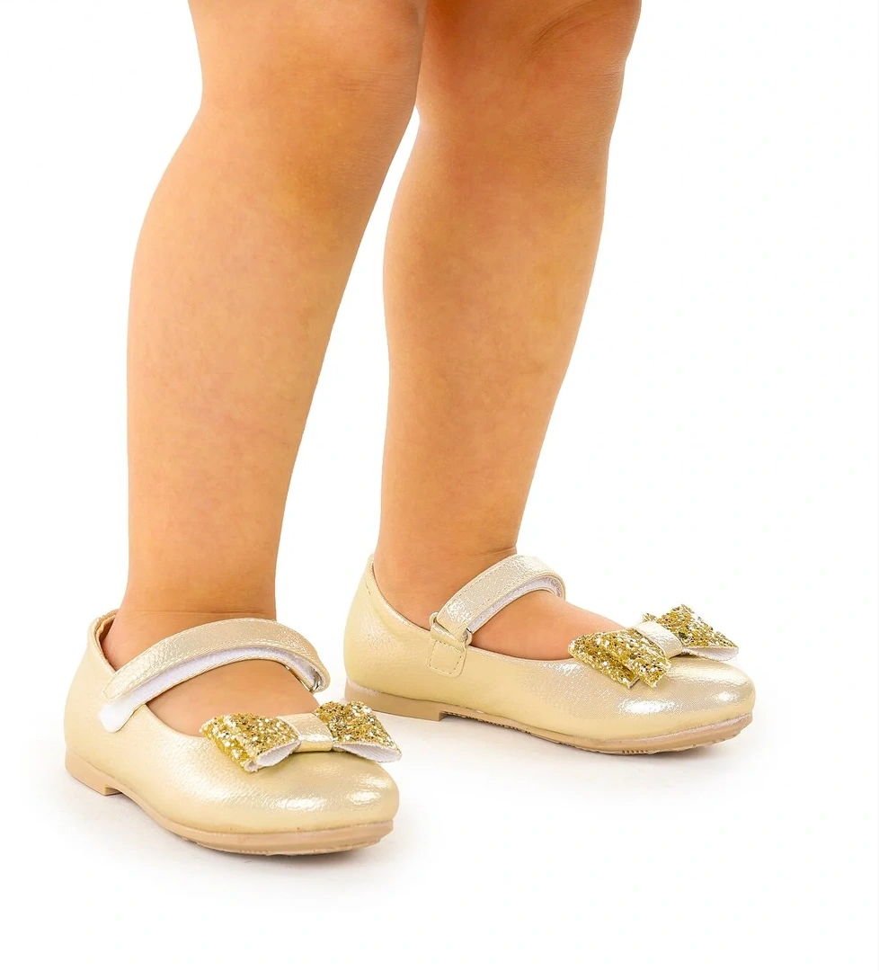 Babe Vakko Cırtlı Fiyonklu Kız Çocuk Babet Ayakkabı Altın