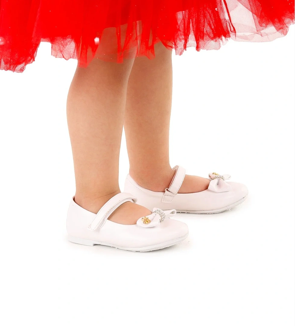 Cırtlı Fiyonklu Kız Çocuk Babet Ayakkabı Ege 201 Cilt Beyaz