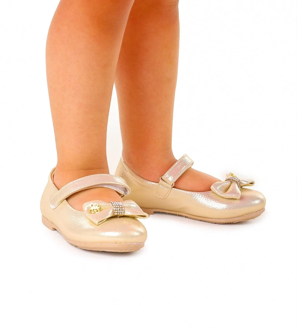 Cırtlı Fiyonklu Kız Çocuk Babet Ayakkabı Ege 201 Vakko Altın