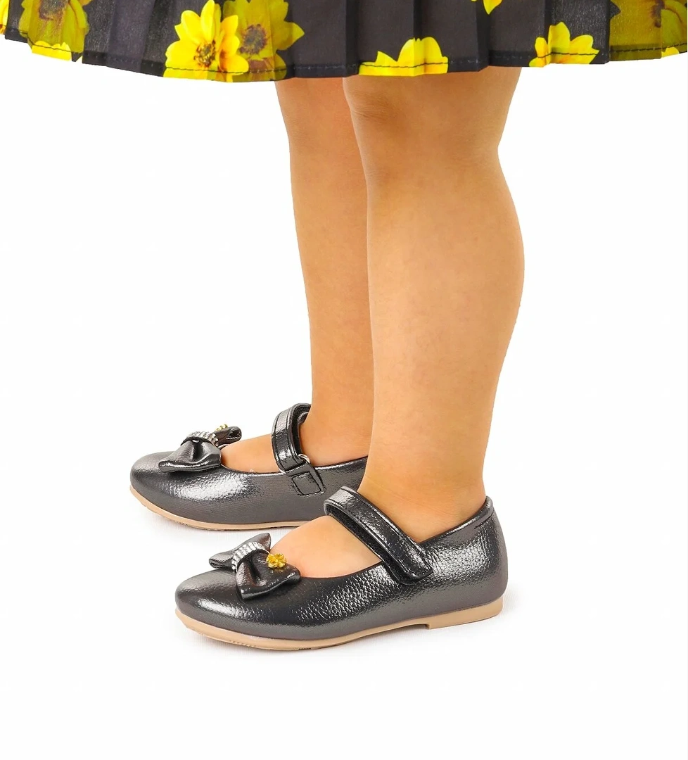 Cırtlı Fiyonklu Kız Çocuk Babet Ayakkabı Ege 201 Vakko Platin - Görsel 1