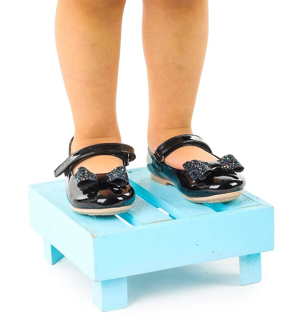 Cırtlı Fiyonklu Kız Çocuk Babet Ayakkabı Ege 200 Rugan Siyah